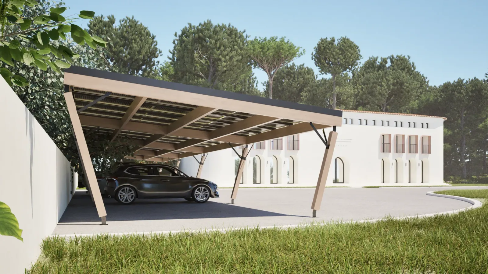 Un carport solaire en bois devant une maison blanche, une voiture garée dessous