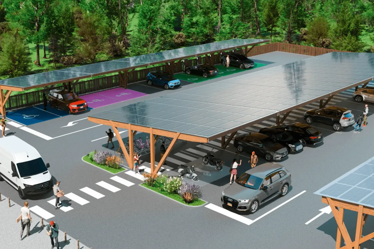 Des ombrières solaires en bois couvrent les rangées d'un parking